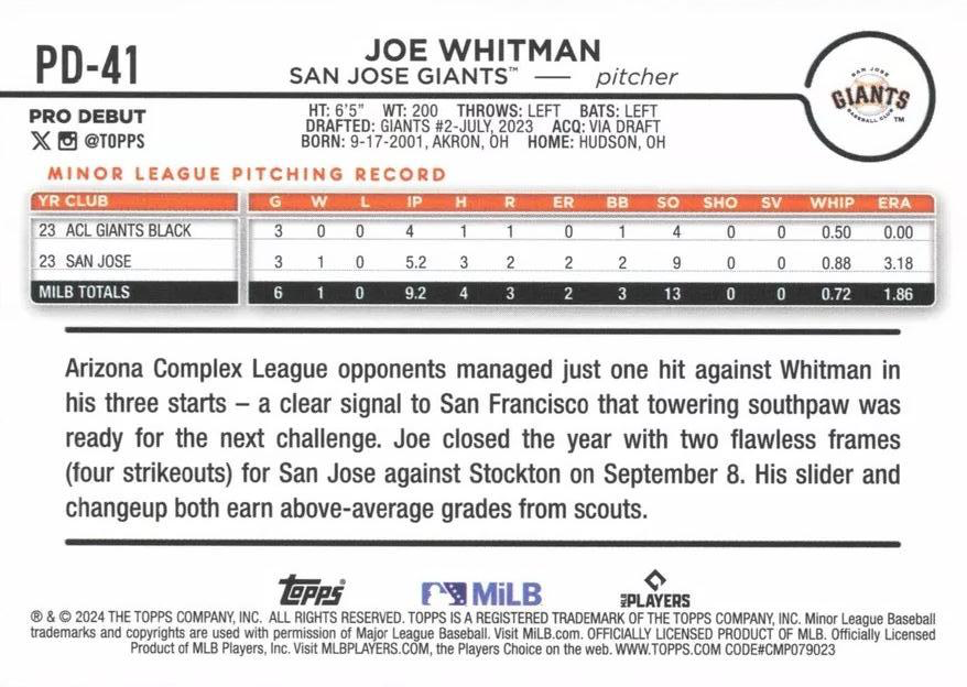2024 Topps Pro Debut Joe Whitman #PD-41 San Jose Giants