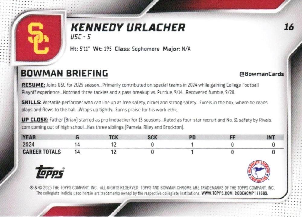 2025 Topps Bowman U Chrome Kennedy Urlacher 1st #16 USC Trojans