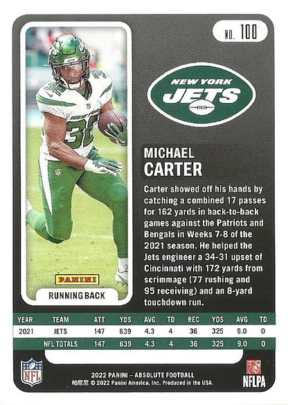 2022 Panini Absolute Michael Carter #100 New York Jets