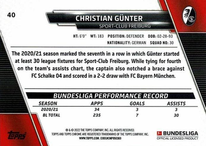 2021 Topps Chrome Bundesliga Christian Gunter #40 SC Freiburg