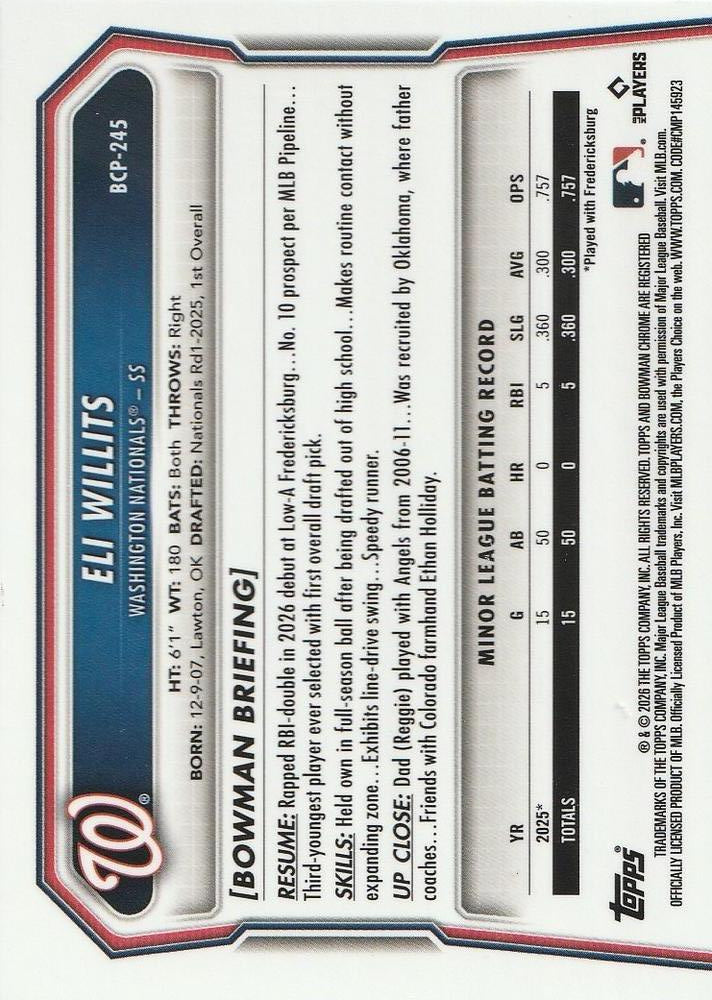 2026 Topps Bowman Chrome Eli Willits #BCP-245 Washington Nationals