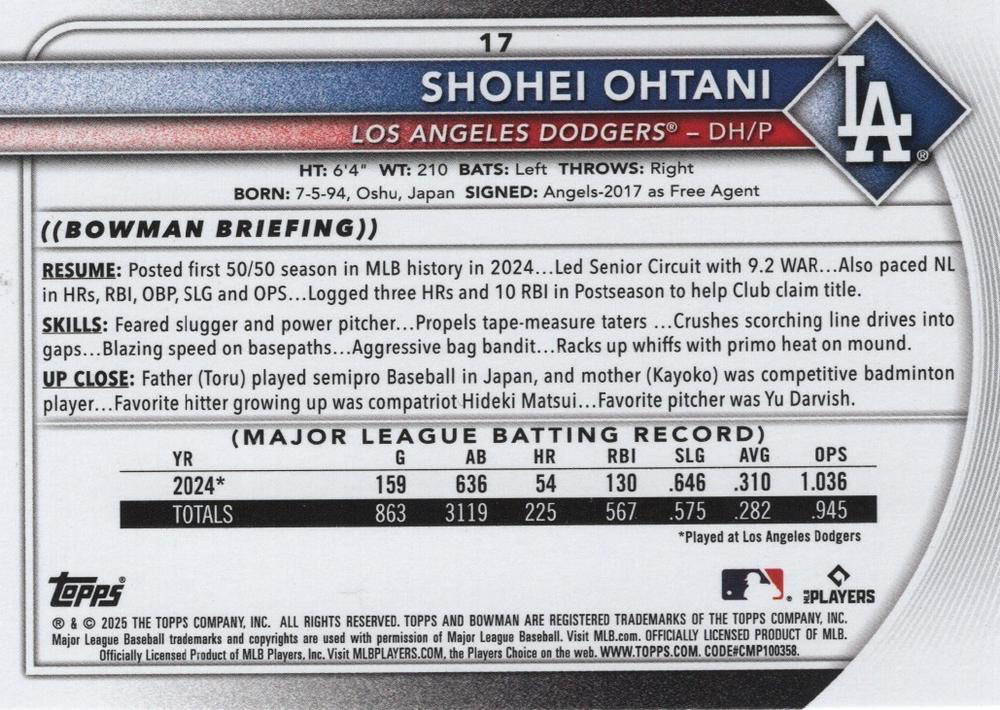 2025 Topps Bowman Shohei Ohtani Los Angeles Dodgers #17