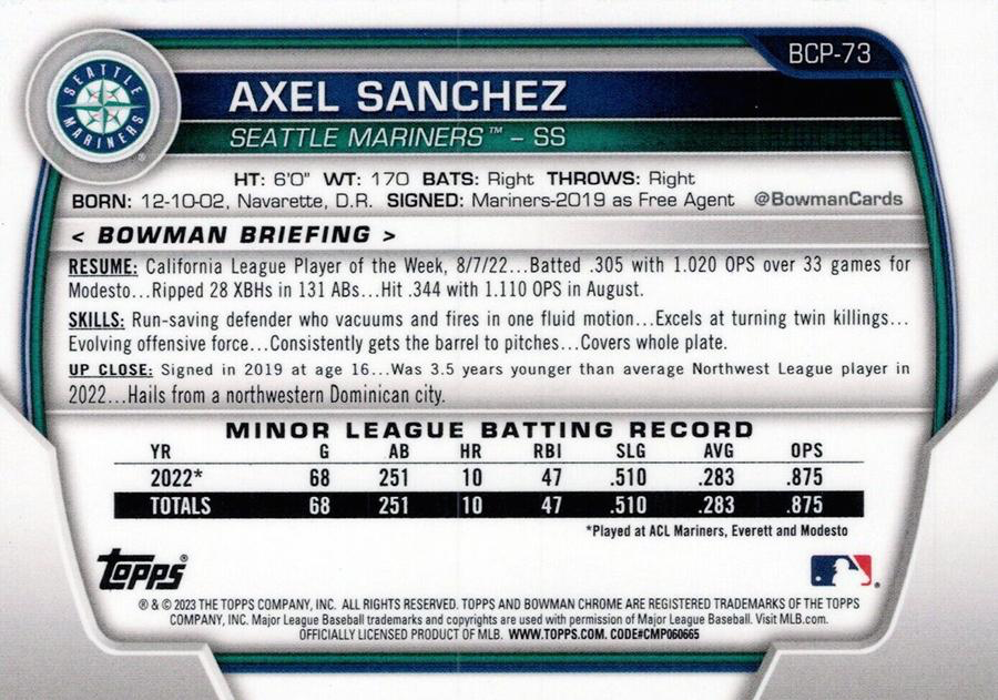 2023 Bowman Chrome Prospects Axel Sanchez 1st Seattle Mariners #BCP-73
