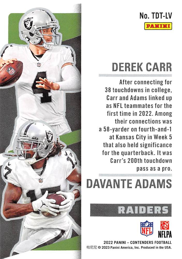 2022 Panini Contenders Touchdown Tandems Adams / Carr #TDT-LV Las Vegas Raiders