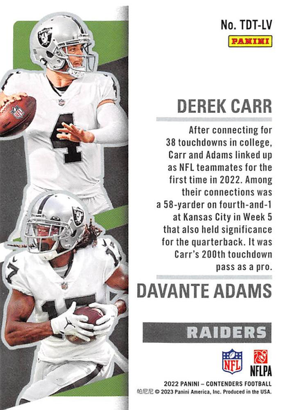 2022 Panini Contenders Touchdown Tandems Adams / Carr #TDT-LV Las Vegas Raiders