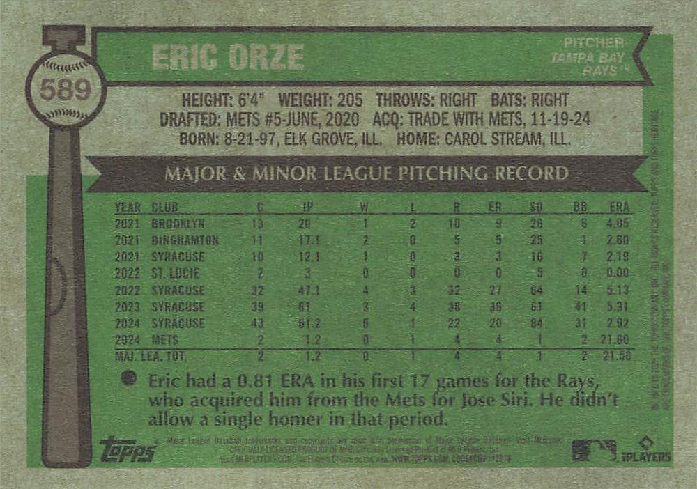 2025 Topps Heritage Eric Orze RC #589 Tampa Bay Rays