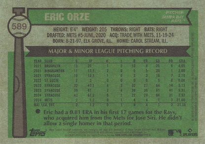 2025 Topps Heritage Eric Orze RC #589 Tampa Bay Rays