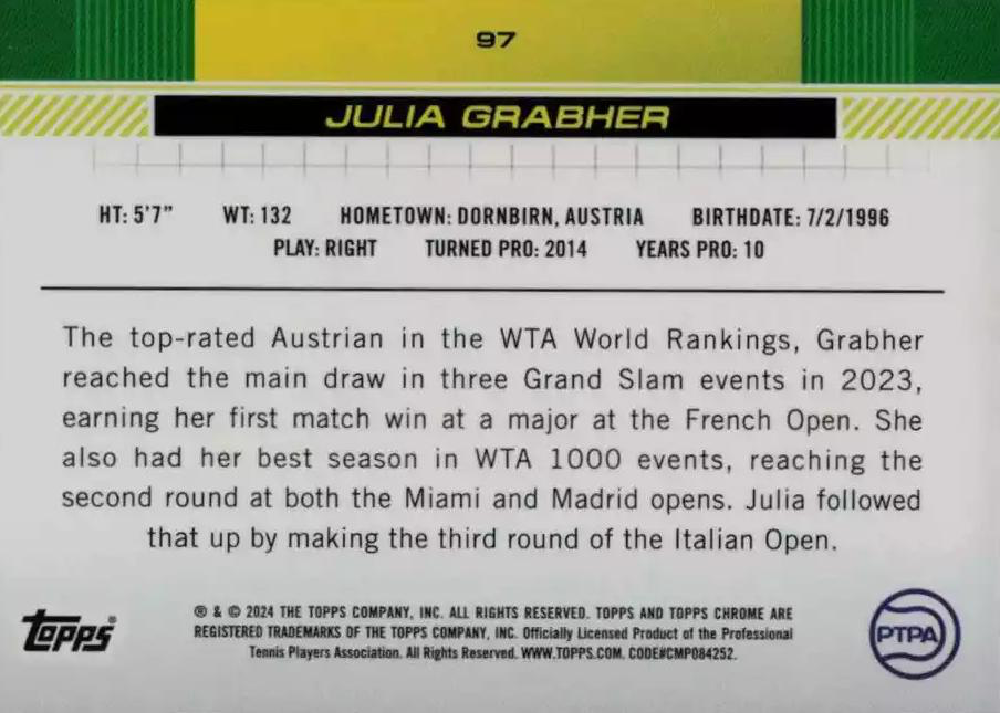 2024 Topps Chrome Tennis Julia Grabher RC #97