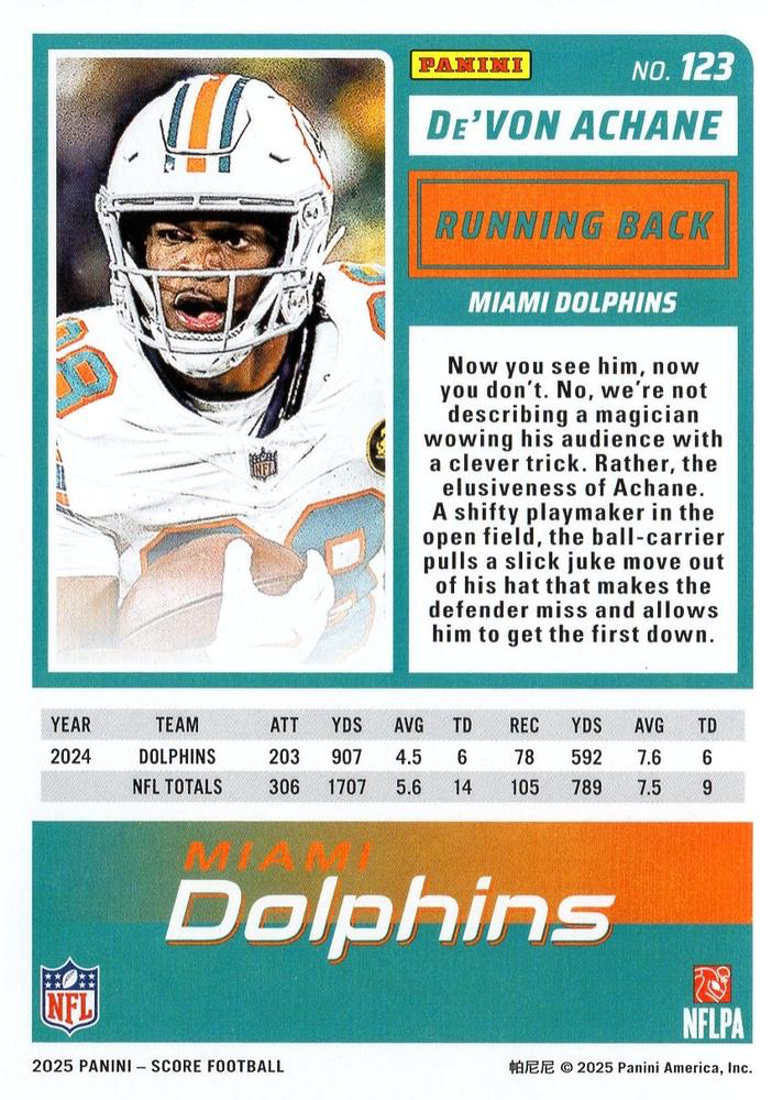 2025 Panini Score De'Von Achane #123 Miami Dolphins