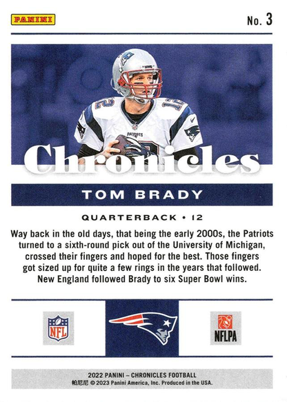 2022 Panini Chronicles Tom Brady #3 New England Patriots