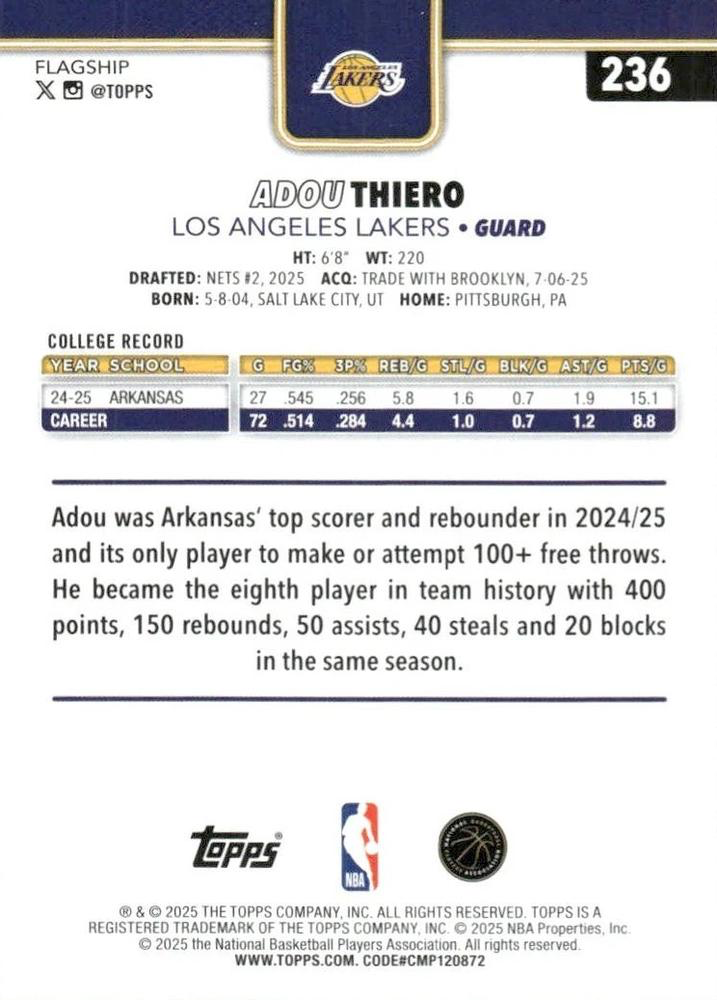 2025 Topps NBA Adou Thiero RC #236 Los Angeles Lakers
