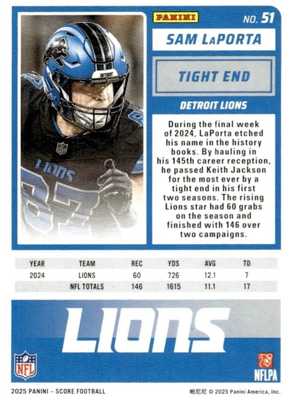 2025 Panini Score Sam LaPorta #51 Detroit Lions