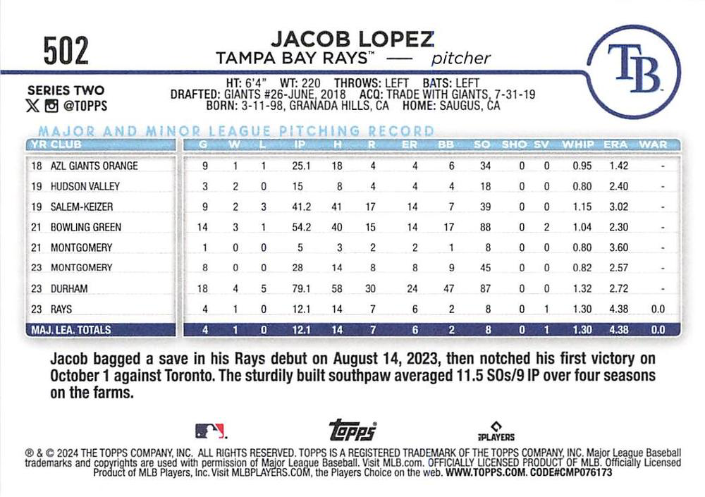 2024 Topps Series 2 Jacob Lopez RC Tampa Bay Rays #502