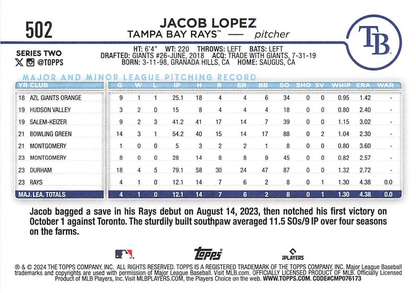 2024 Topps Series 2 Jacob Lopez RC Tampa Bay Rays #502