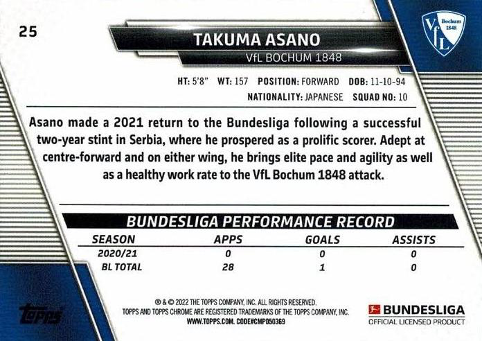 2021 Topps Chrome Bundesliga Takuma Asano #25 VfL Bochum 1848