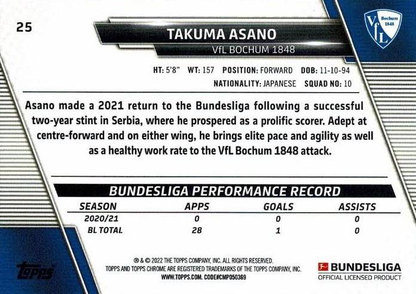 2021 Topps Chrome Bundesliga Takuma Asano #25 VfL Bochum 1848