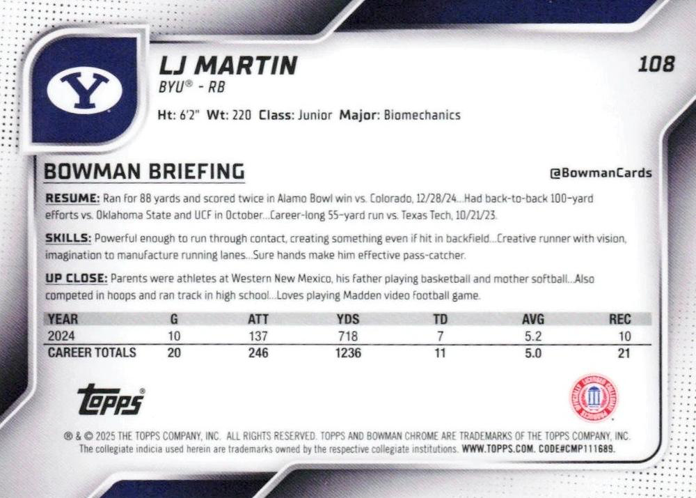 2025 Topps Bowman U Chrome LJ Martin 1st #108 BYU Cougars