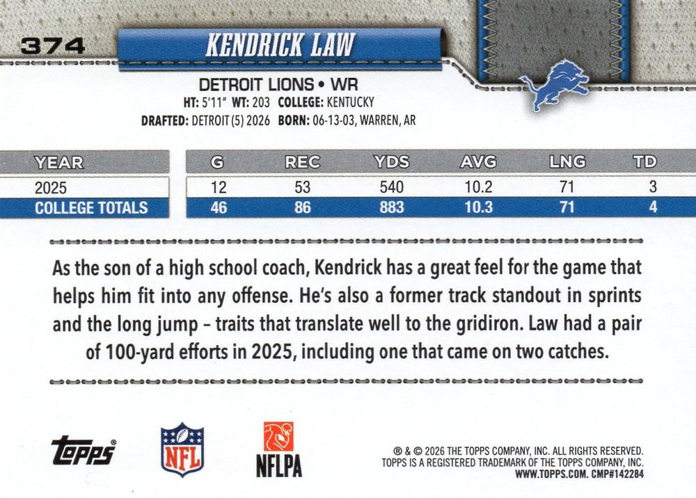 2026 Topps Flagship RC Kendrick Law #374 Detroit Lions