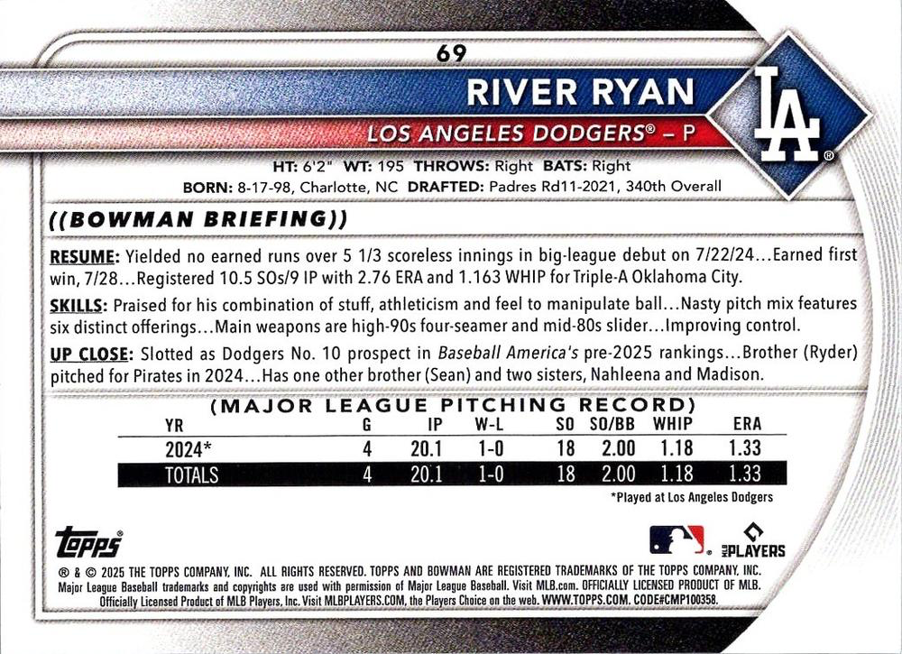 2025 Topps Bowman River Ryan RC Los Angeles Dodgers #69
