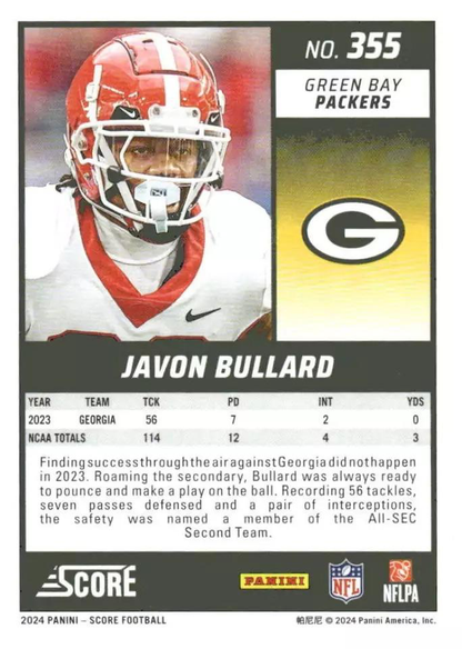2024 Panini Score Football Javon Bullard Green Bay Packers #355 RC