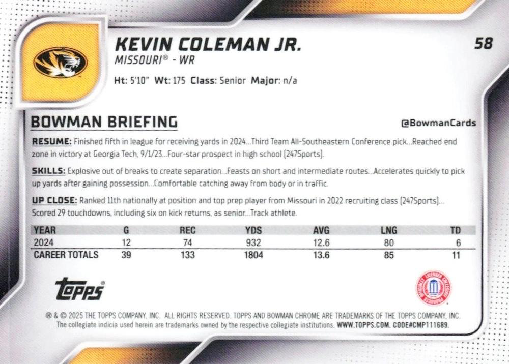 2025 Topps Bowman U Chrome Kevin Coleman Jr. 1st #58 Missouri Tigers