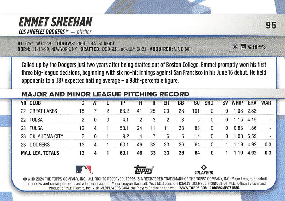 2024 Topps Big League Common Emmet Sheehan RC Los Angeles Dodgers #95