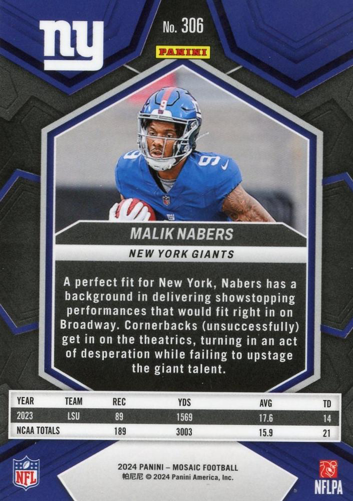 2024 Panini Mosaic Football Malik Nabers RC New York Giants #306