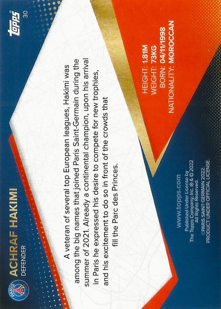 2021 Topps PSG Team Set Achraf Hakimi #30 Paris Saint-Germain