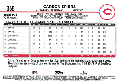 2024 Topps Series 2 Carson Spiers RC Cincinnati Reds #365