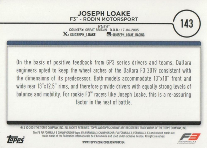 2024 Topps Chrome Formula 1 Joseph Loake F3C #143 Rodin Motorsport