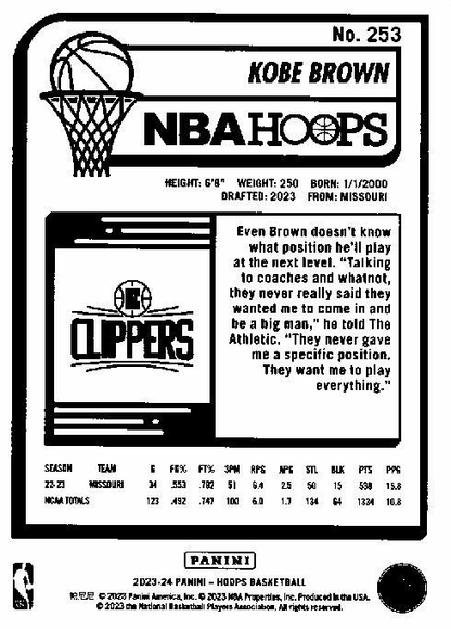 2023 Panini Hoops Kobe Brown RC #253 Los Angeles Clippers