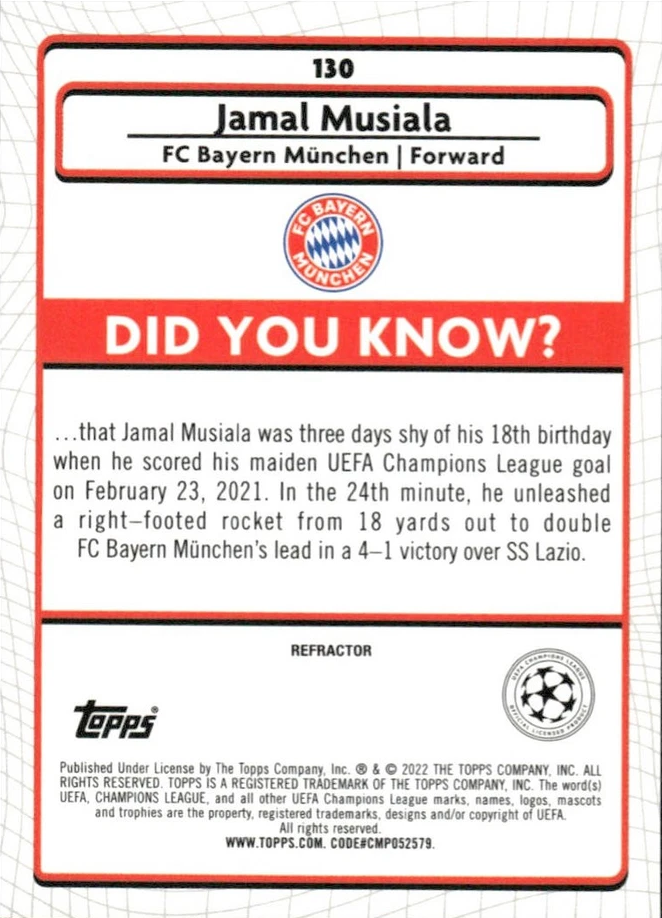2021 Topps Merlin UEFA Club Competitions Refractor Jamal Musiala #130 FC Bayern Munchen
