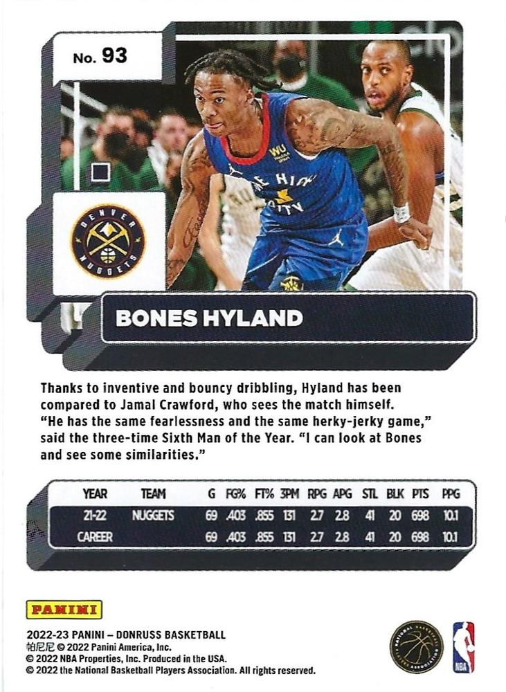 2022 Panini Donruss Bones Hyland #93 Denver Nuggets