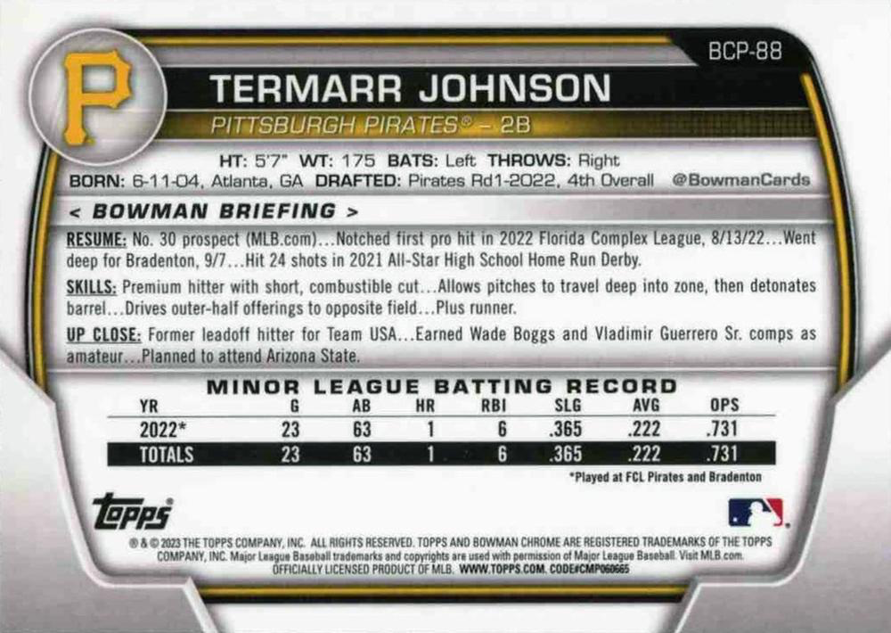 2023 Bowman Chrome Prospects Termarr Johnson Pittsburgh Pirates #BCP-88
