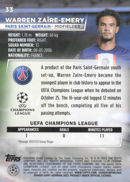 2022 Topps Stadium Club Chrome UCC Warren Zaïre-Emery RC #33 Paris Saint-Germain
