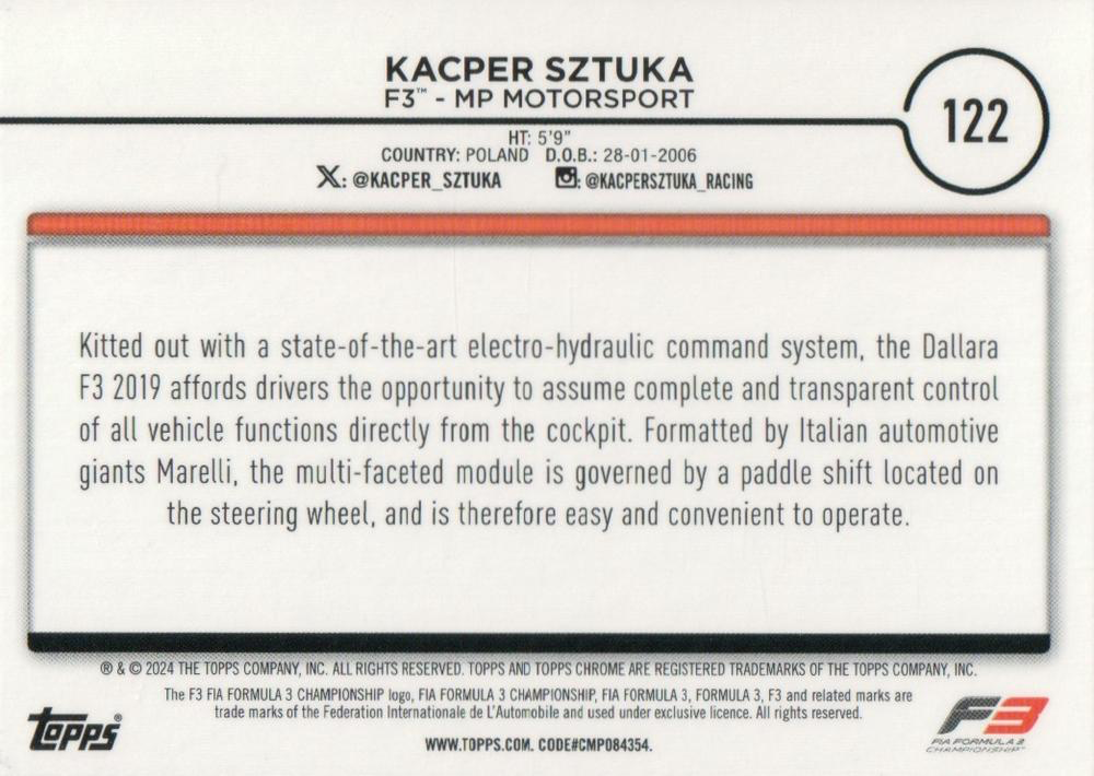 2024 Topps Chrome Formula 1 Kacper Sztuka F3C #122 MP Motorsport