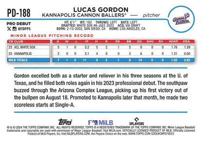 2024 Topps Pro Debut Lucas Gordon #PD-188 Kannapolis Cannon Ballers