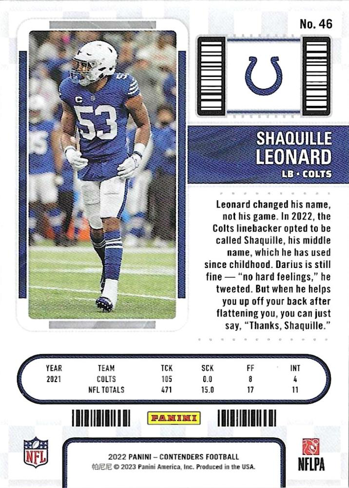 2022 Panini Contenders Shaquille Leonard Indianapolis Colts #46