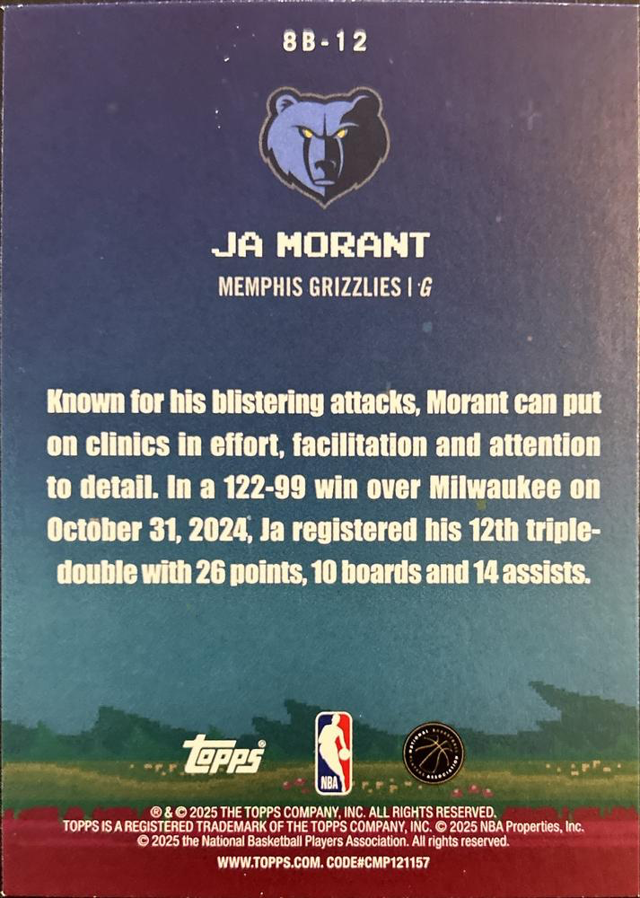 2025 Topps NBA 8-Bit Ballers Ja Morant 8B-12 Memphis Grizzlies