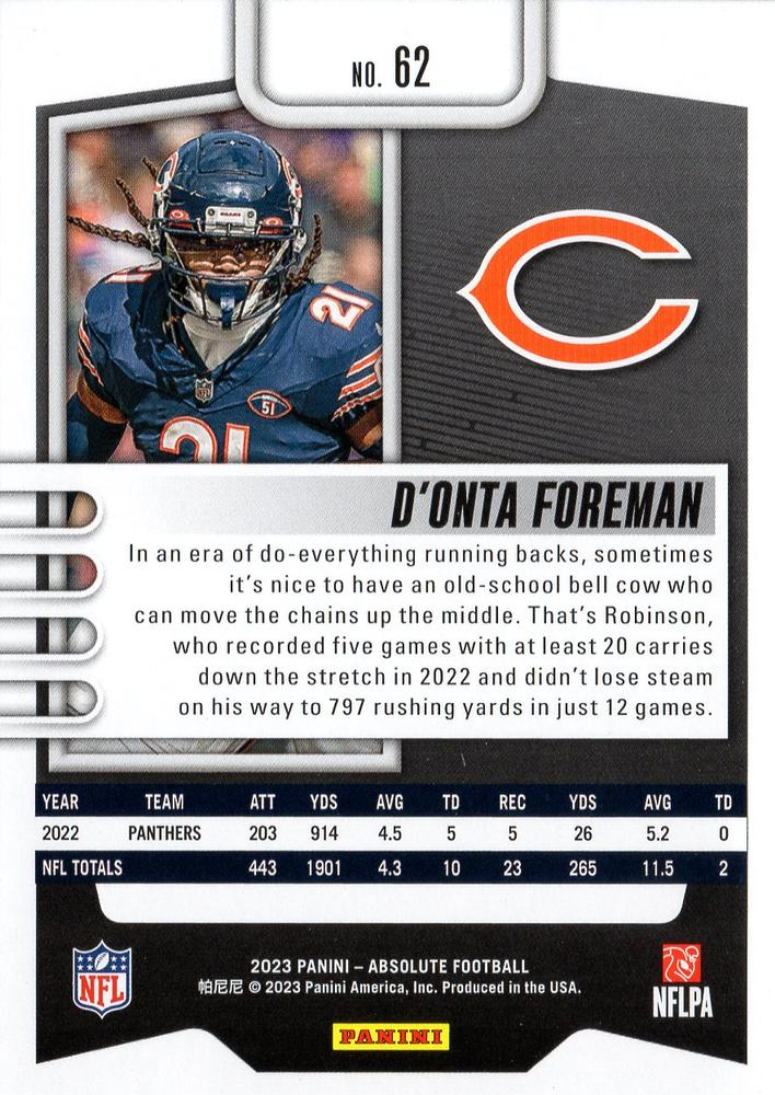 2023 Panini Absolute D'Onta Foreman #62 Chicago Bears