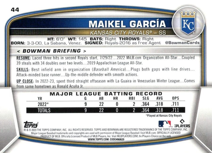 2023 Topps Bowman Maikel Garcia RC Kansas City Royals #44
