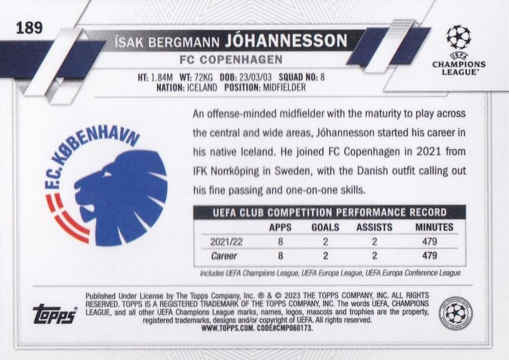 2022 Topps Chrome UCC Ísak Bergmann Jóhannesson RC #189 FC Copenhagen