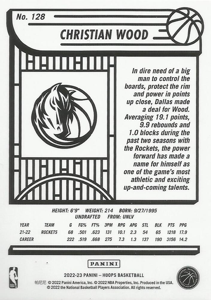 2022 Panini Hoops Christian Wood #128 Dallas Mavericks
