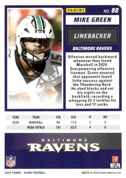 2025 Panini Score Mike Green RC #88 Baltimore Ravens