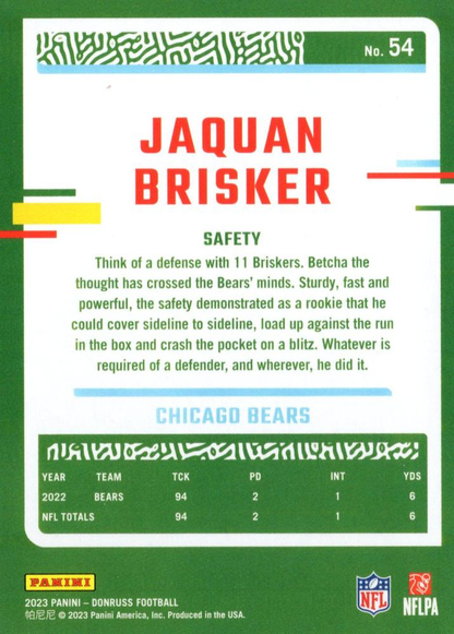 2023 Panini Donruss Jaquan Brisker #54 Chicago Bears