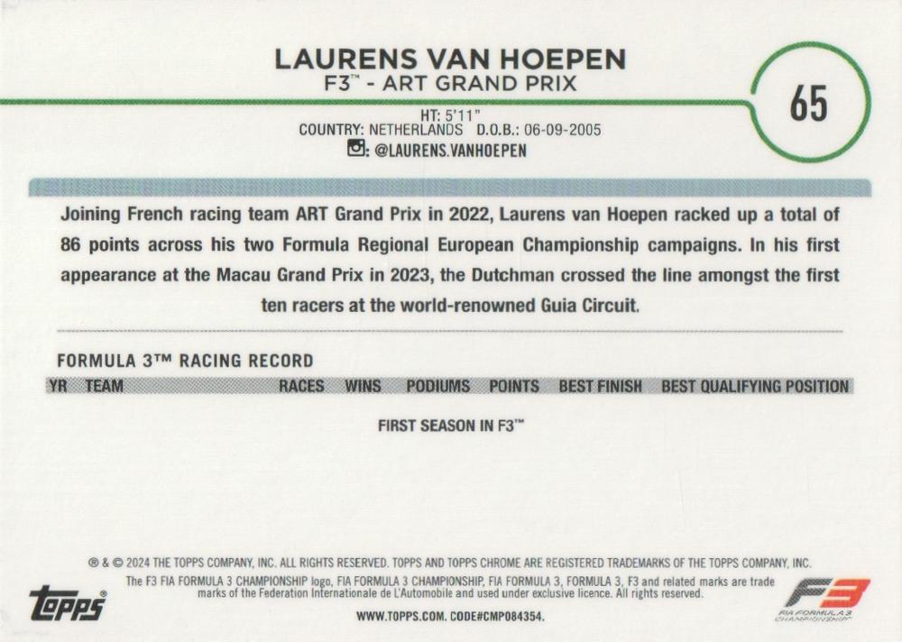 2024 Topps Chrome Formula 1 Laurens Van Hoepen F3D #65 Art Grand Prix