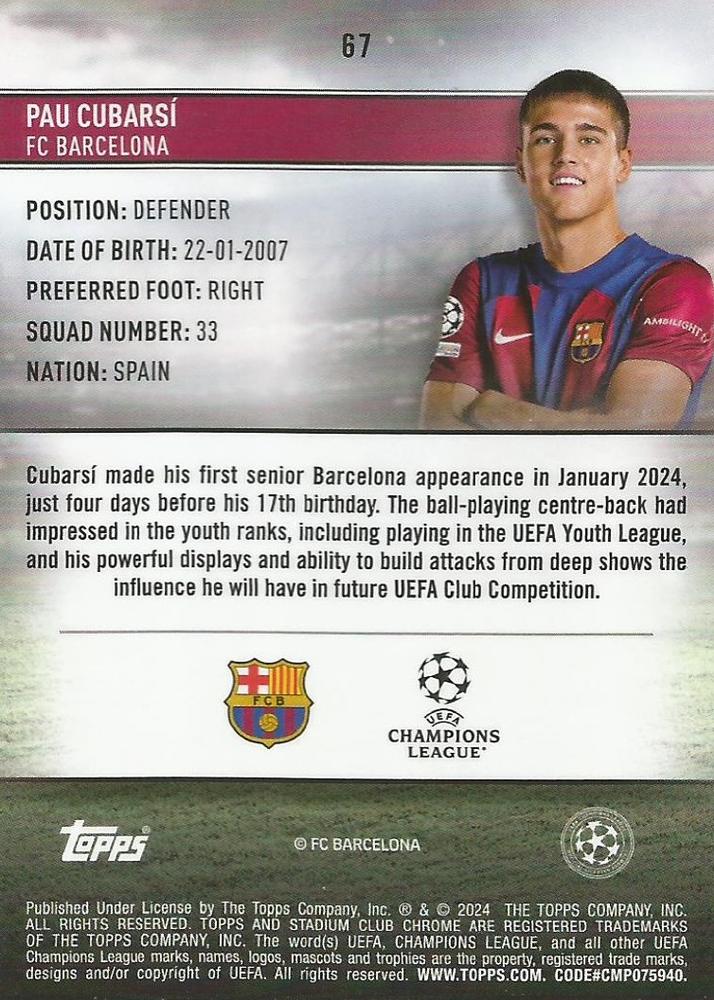 2023 Topps Stadium Club Chrome UCC RC Pau Cubarsí #67 FC Barcelona