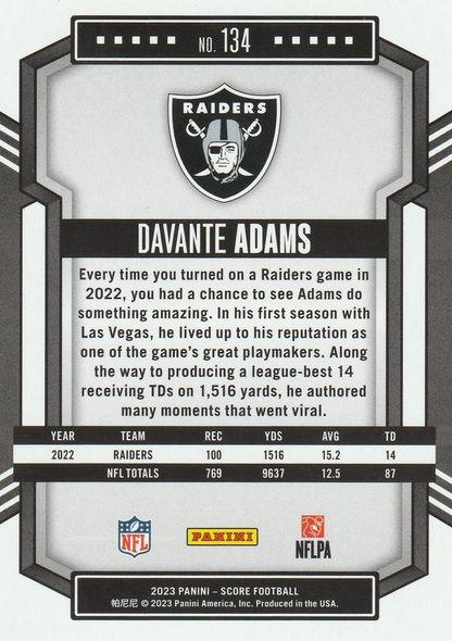 2023 Panini Score Football Davante Adams Las Vegas Raiders #134