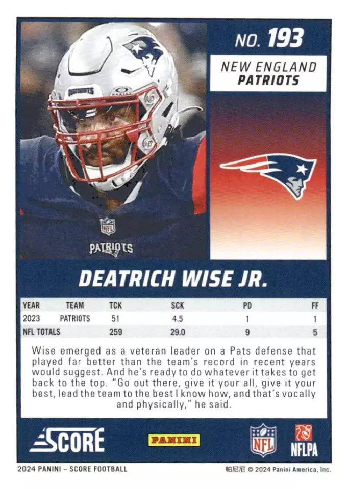 2024 Panini Score Football Deatrich Wise Jr. New England Patriots #193