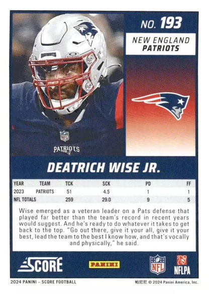 2024 Panini Score Football Deatrich Wise Jr. New England Patriots #193